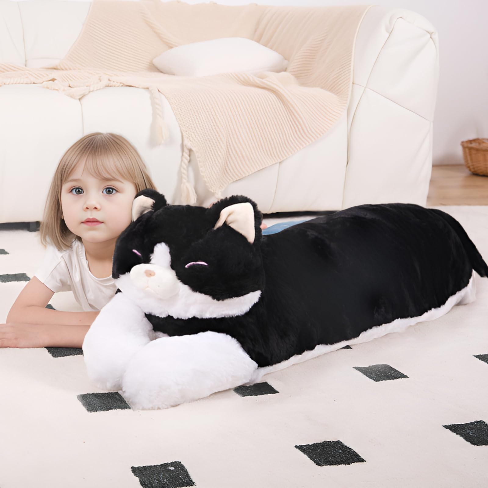 40 ' ' Large Cat Sleeping Long Plush Pillow Toy, Milk Black White Kitty Soft Cat Stuffed Animals, Big Kitten Plushies Cute Doll