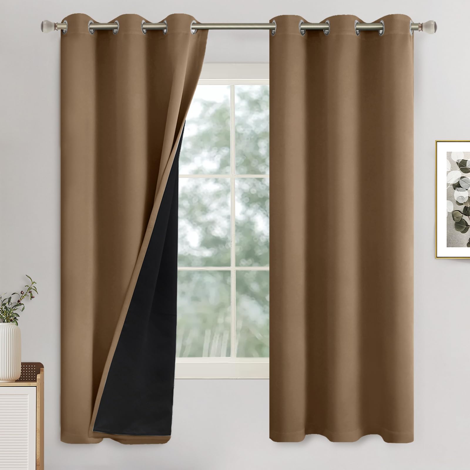 Quemas Taupe Blackout Curtains For Bedroom 63 Inch Length 2 Panels Set, Thermal Insulated 100% Light Blocking Soundproof Grommet