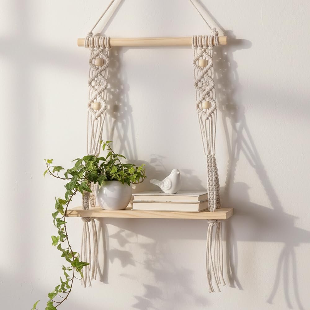 Ganvia Macrame Wall Hanging Shelf Wood Floating Shelf With Wooden Dowel, Modern Chic Woven Decor For Dorm, Living Room & Nursery