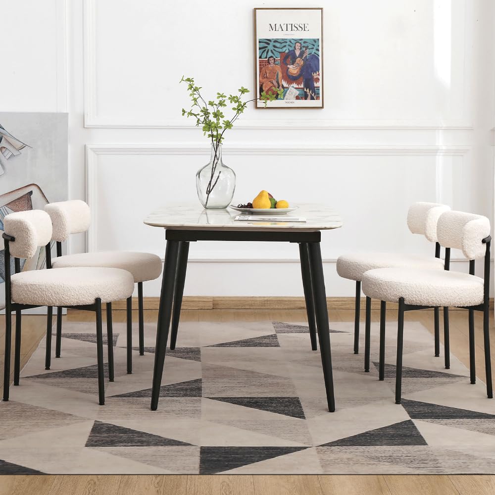 Edwell White Dining Chairs Set Of 4, Modern Dining Room Chairs With 3.94 Cushions And Metal Legs, Round Upholstered Kitchen Dini