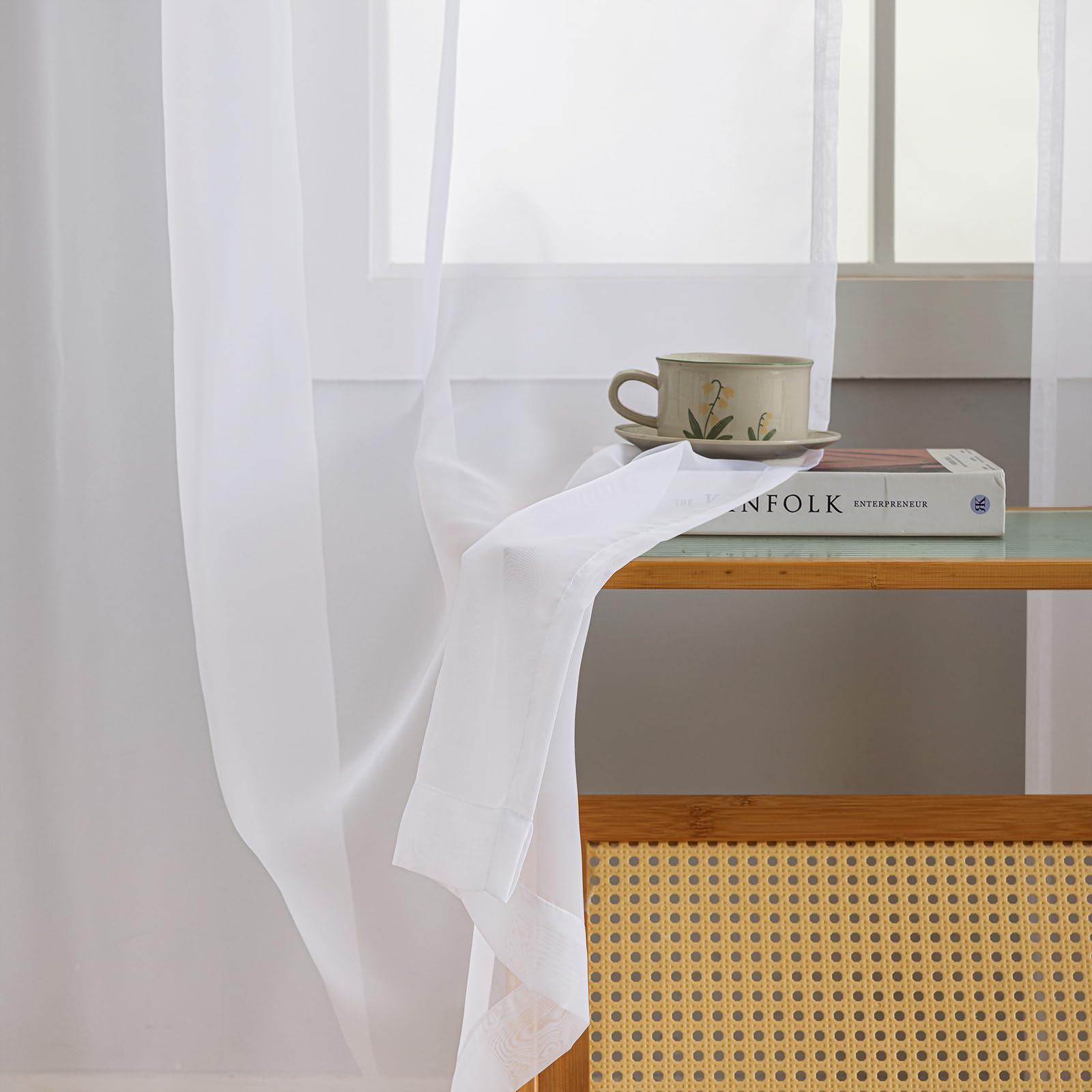 Sheer White Curtains, Sheer Curtains 63 Inch Length 2 Panels Set, Rod Pocket Voile Fimly Sheer Drapes For Living Room/Bedroom, L