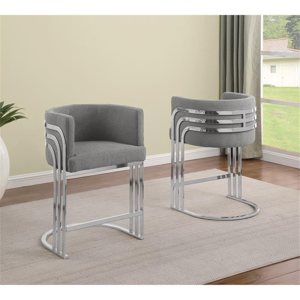Modern Teddy Fabric Counter Height Stools with Chrome Legs - Dark Gray - Elegant Barrel Design with Silver Frame - Set of 2 - Perfect for Dining Room, Bar, Office, or Living Room