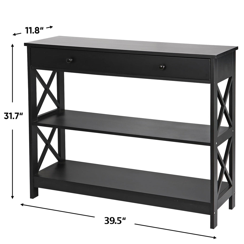 Super Deal Wood Console Table 3 Tier Sofa Table With Drawer And Storage Shelves Narrow Entryway Table Hallway Table For Living Room Bedroom, Stable X Frame Design, 39.5 Inch Long Black
