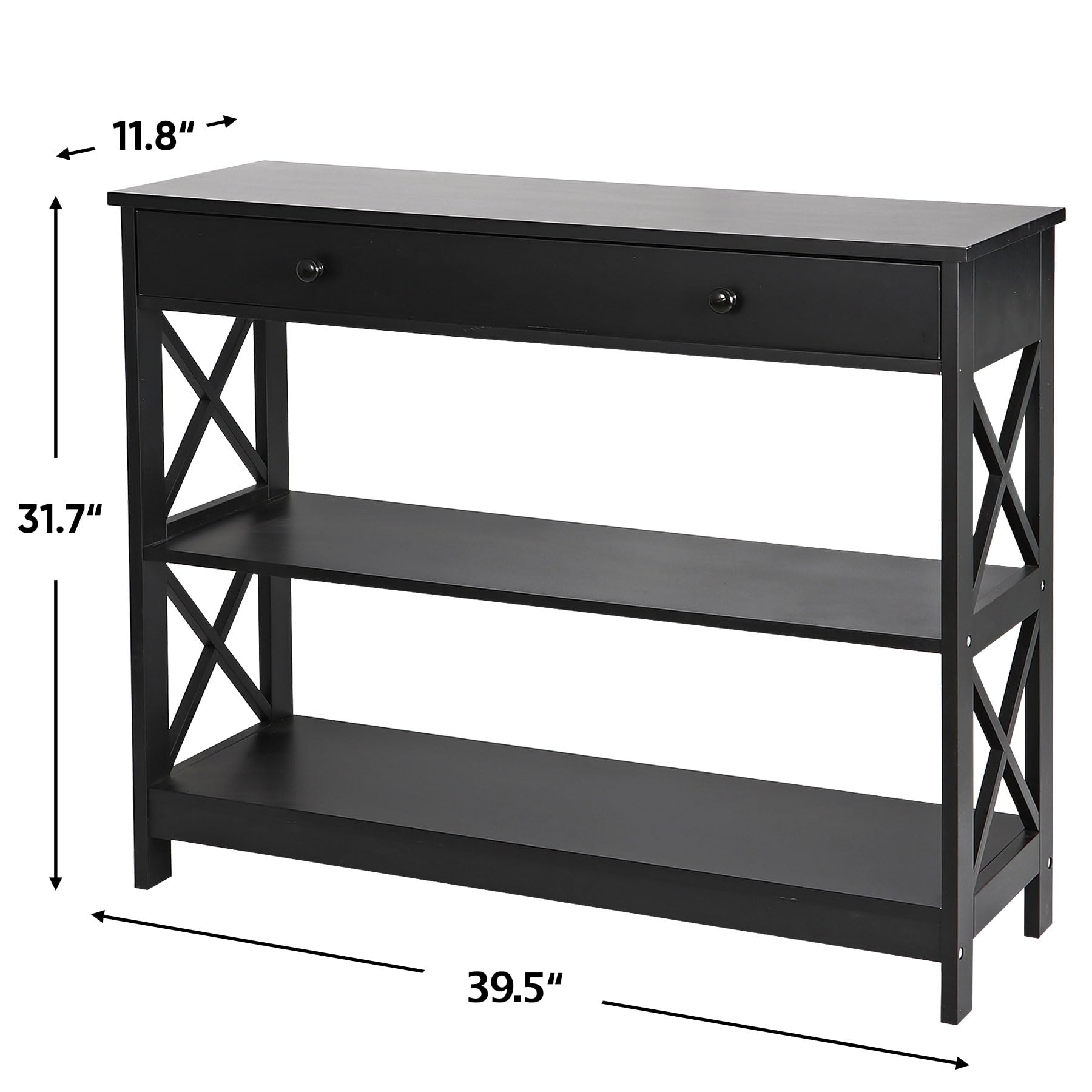 Super Deal Wood Console Table 3 Tier Sofa Table With Drawer And Storage Shelves Narrow Entryway Table Hallway Table For Living Room Bedroom, Stable X Frame Design, 39.5 Inch Long Black
