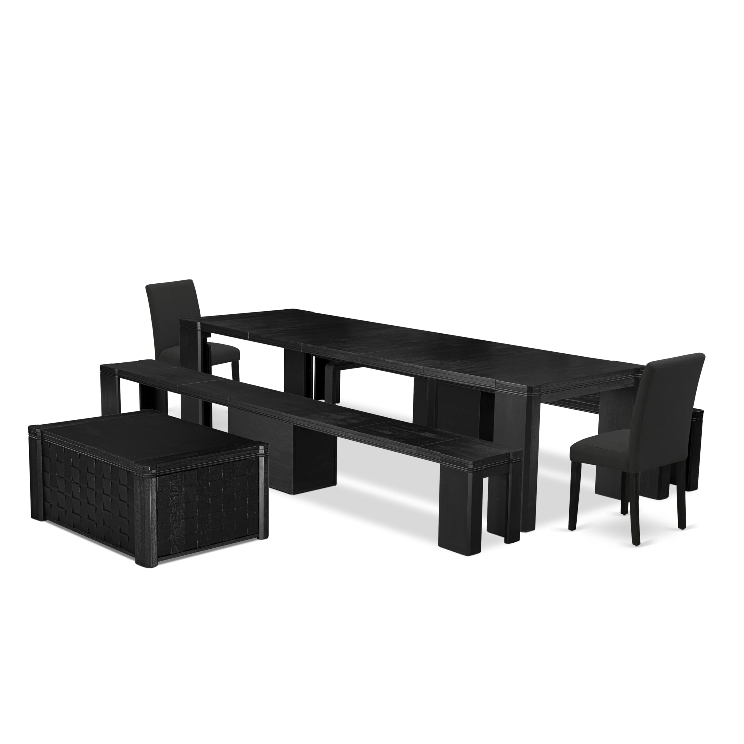 Luxe by East West Furniture - X02AB-2C6-24 - 5-piece Dining Table Set a Kitchen Table with a coffee Table and 2 wooden Benches and 2 Black Linen Fabric Dining Chair, 39x120 Inch, Wire Brushed Black