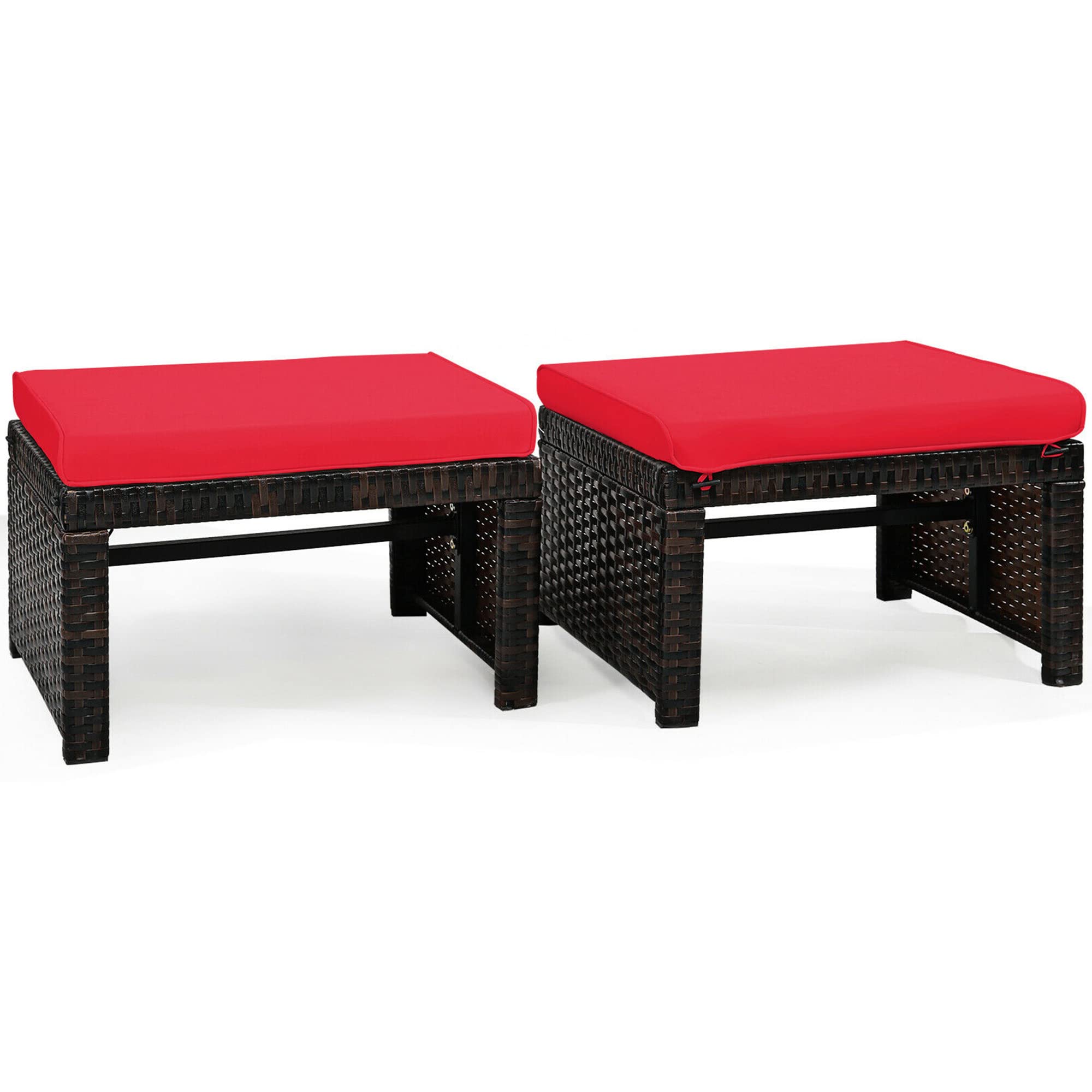 Dortala 2 Piece Patio Wicker Ottomans, Outdoor Foot Rest With Cushions, Pe Rattan Footstool For Patio, Garden, Poolside, Red
