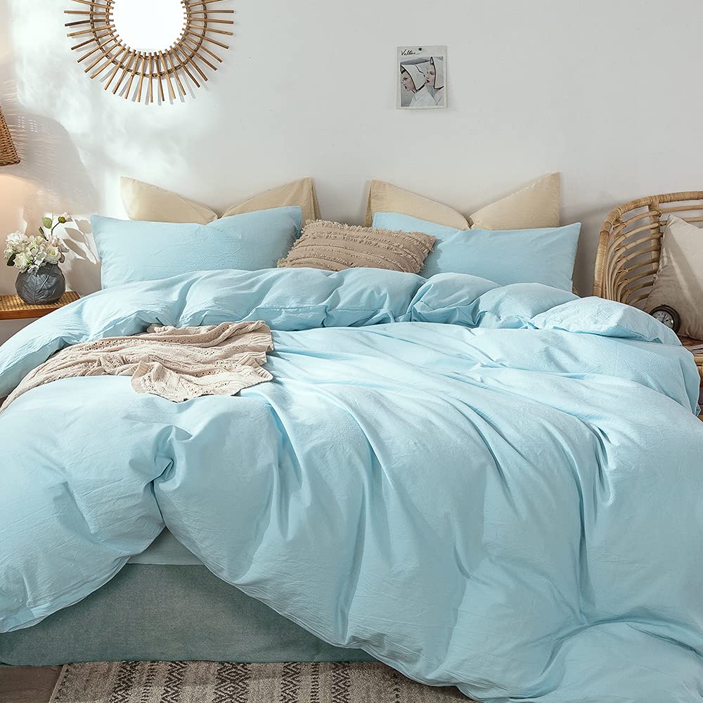 Moomee Bedding Duvet Cover Set 100% Washed Cotton Linen Like Textured Breathable Durable Soft Comfy (Light Blue, King)