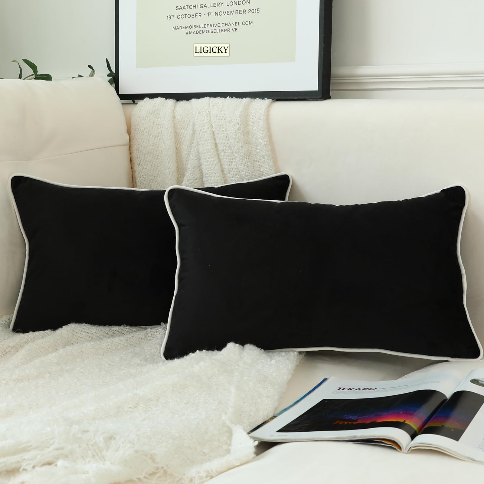 Ligicky Set Of 2 Black Velvet Lumbar Pillow Covers Modern Minimalist Style Solid Decorative White Rope Edging Soft Rectangle Cus