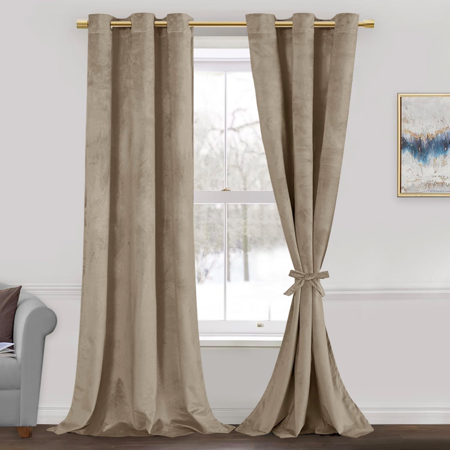 Jiuzhen Taupe Velvet Curtains 84 Inches Blackout Curtains For Living Room - Privacy Protect Room Darkening Grommet Thick Velvet