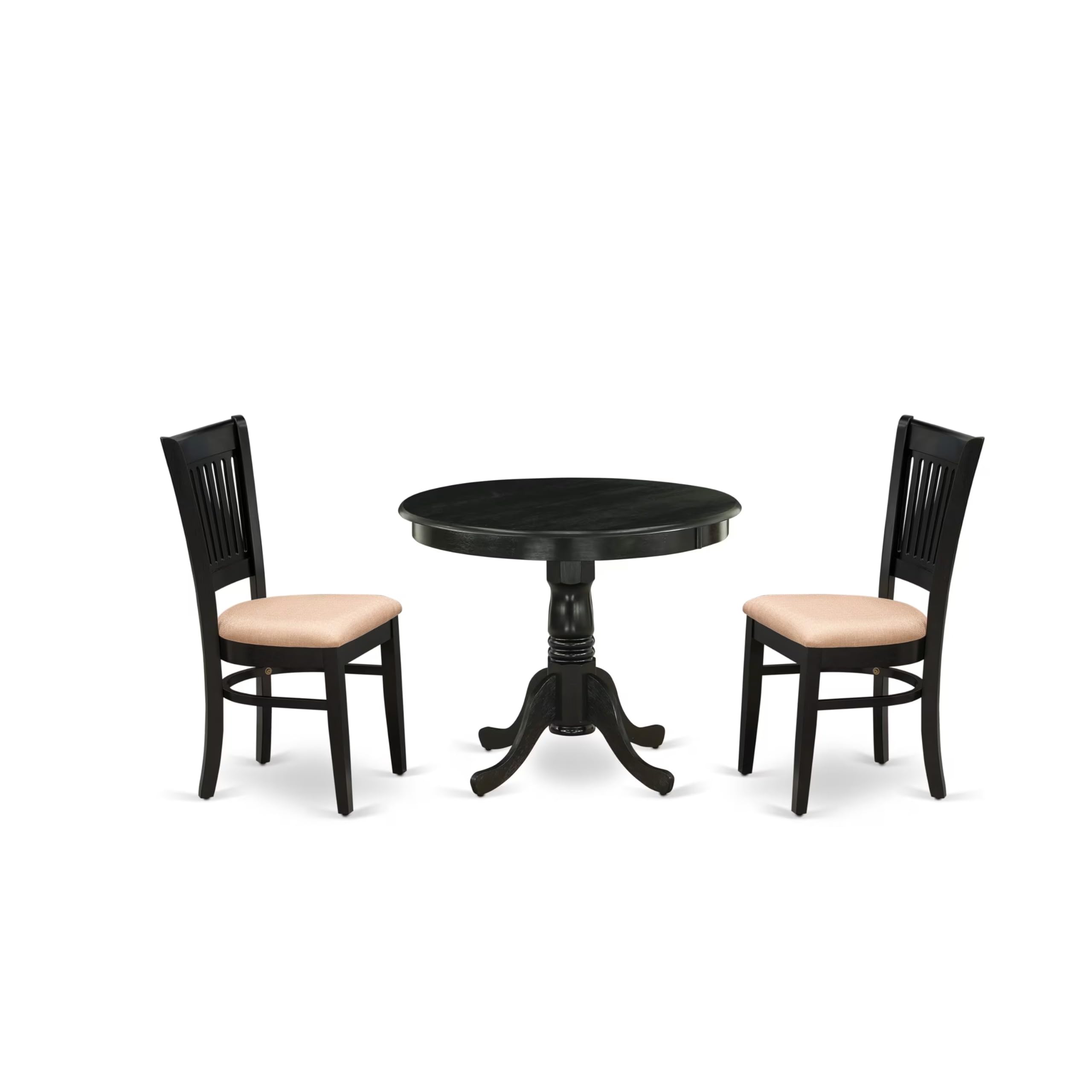 East West Furniture Anva3-Blk-C 3 Piece Modern Dining Table Set Contains A Round Kitchen Table With Pedestal And 2 Linen Fabric Dining Room Chairs, 36X36 Inch, Black