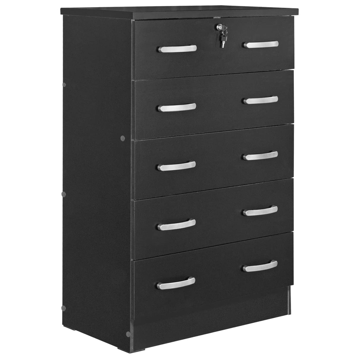 Better Home Products Cindy 5 Drawer Chest Wooden Dresser With Lock In Black