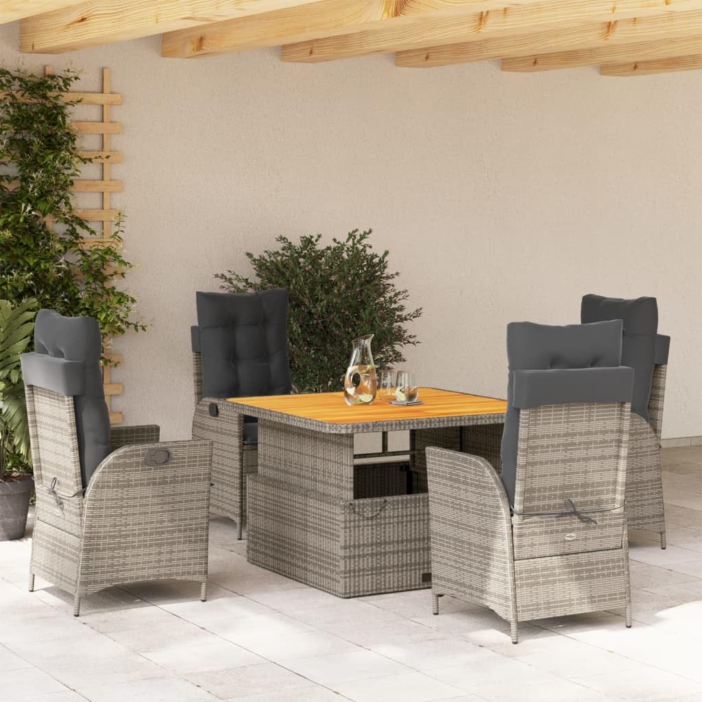 vidaXL 5 Piece Patio Dining Set with Cushions - Adjustable Poly Rattan Recliners, Lift-Up Table, Gray, Outdoor, Garden, Patio, Backyard, Comfortable Seating, Removable Covers