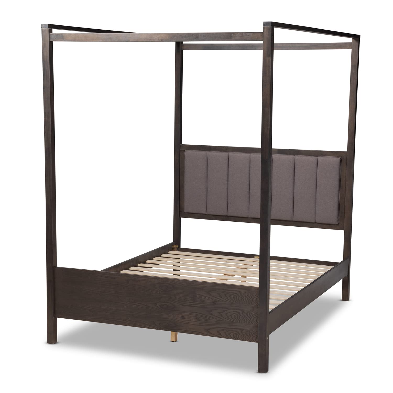 Baxton Studio Natasha Modern and Contemporary Grey Fabric Upholstered and Walnut Brown Finished Wood King Size Platform Canopy Bed