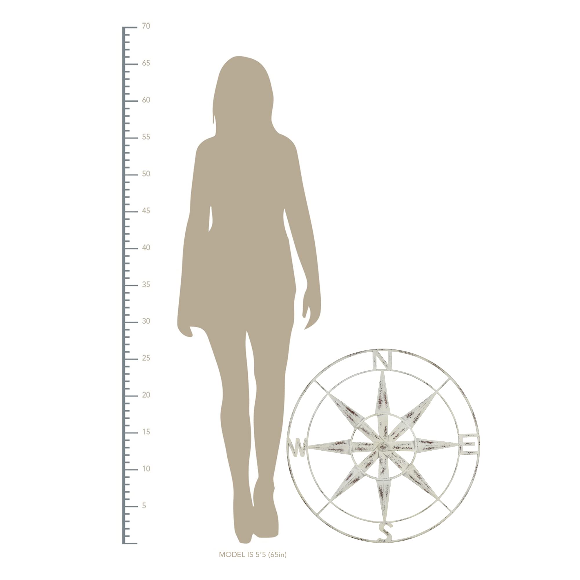 HomeRoots 100% Metal Nautical Compass Metal Wall Decor with Distressed White Finish