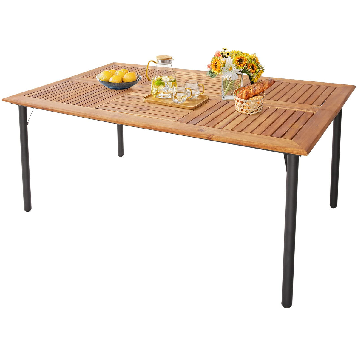 Tangkula Patio Acacia Wood Dining Table For 6 Persons, Large Rectangular Dining Table With Metal Legs, Umbrella Hole, Farmhouse Indoor Outdoor Dining Furniture For Yard Deck Lawn, 63”L X 36”W X 30”H