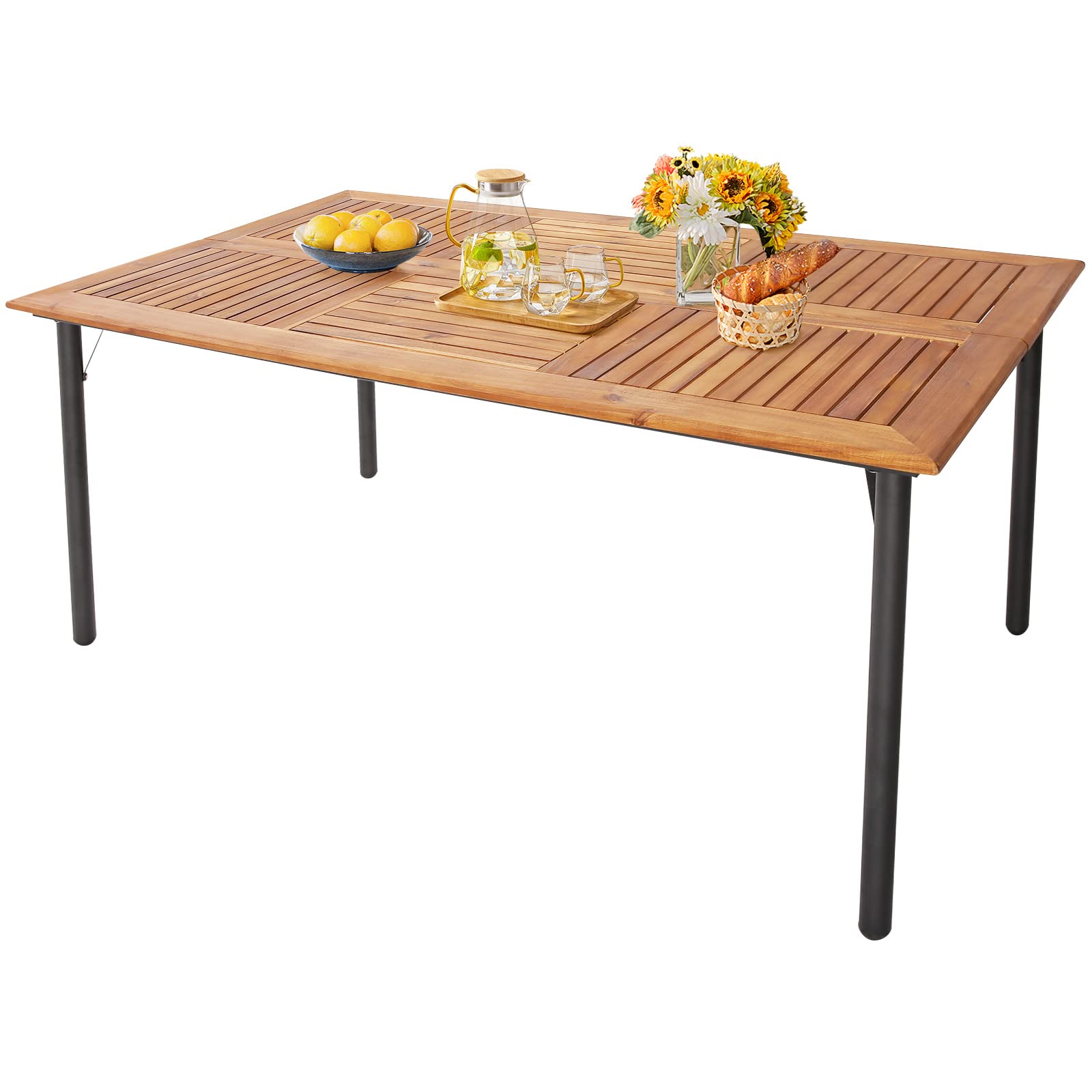 Tangkula Patio Acacia Wood Dining Table For 6 Persons, Large Rectangular Dining Table With Metal Legs, Umbrella Hole, Farmhouse Indoor Outdoor Dining Furniture For Yard Deck Lawn, 63”L X 36”W X 30”H