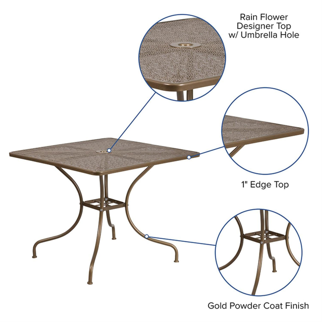 Flash Furniture Oia Commercial Grade 35.5" Square Gold Indoor-Outdoor Steel Patio Table with Umbrella Hole
