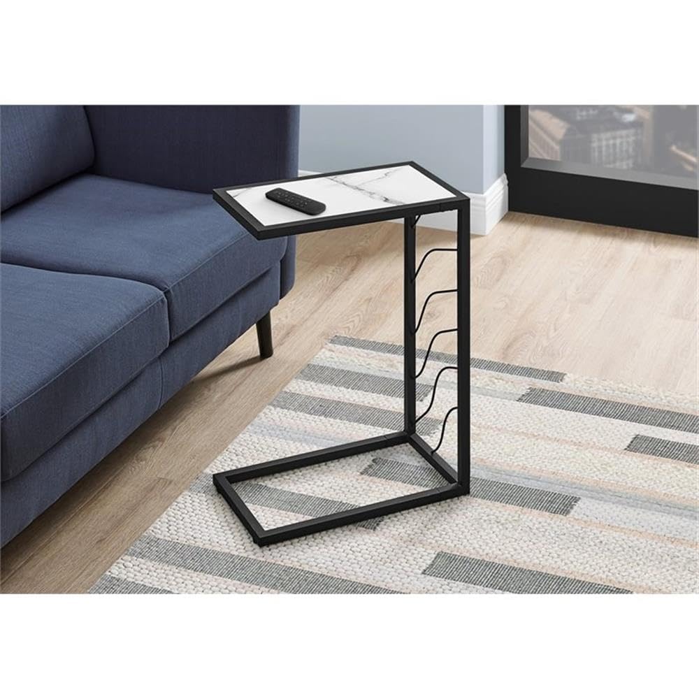 Monarch Specialties 3300 Accent Table, C-Shaped, End, Side, Snack, Living Room, Bedroom, Laminate, Contemporary, Modern Table-25 H/White Marble-Look/Black Metal, 10.25&quot; L X 18.25&quot; W X 25.25&quot; H