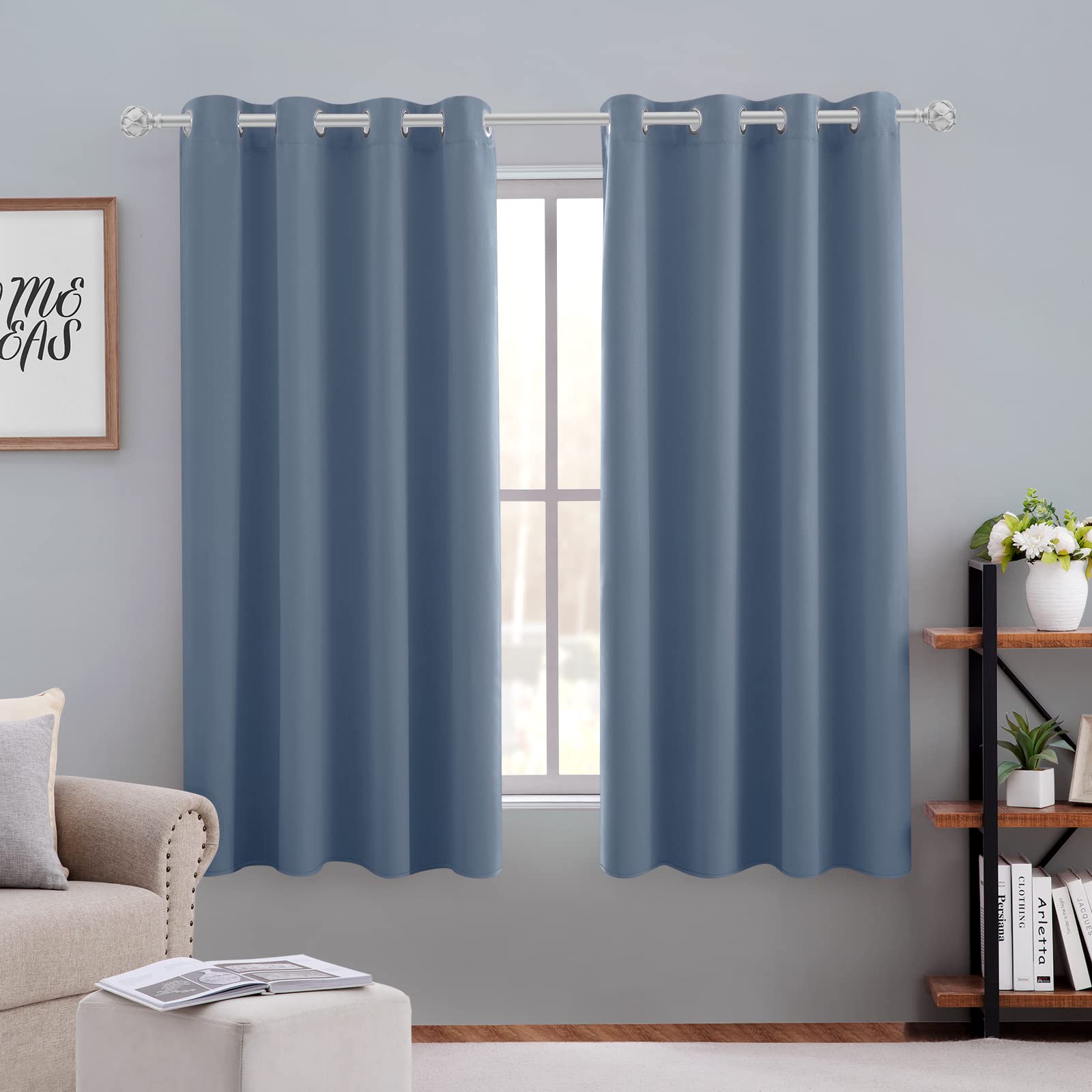 Homeideas Stone Blue Blackout Curtains 52 X 63 Inches Long 2 Panels Room Darkening Bedroom Window Curtains, Grommet Fall Curtain