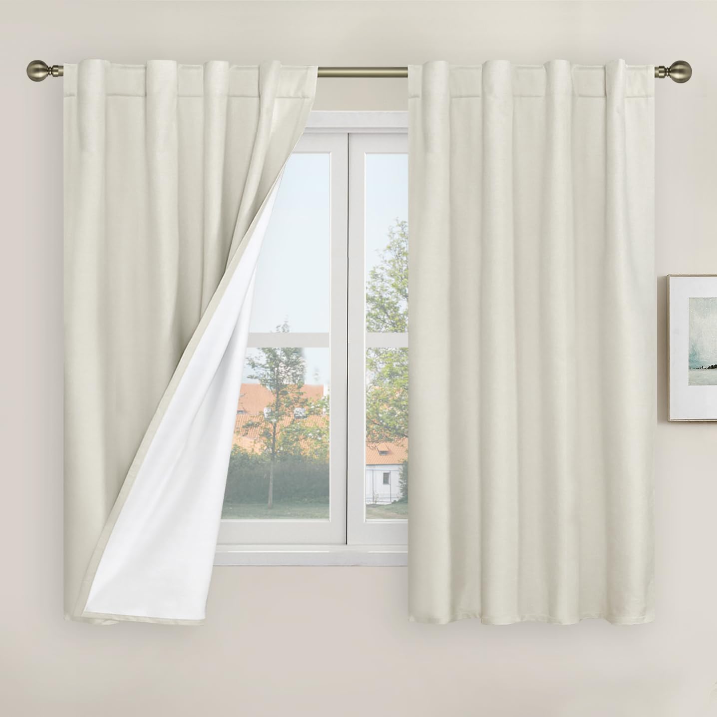 LAMIT 100% Blackout Short Linen Curtains, 48 Inch Length Linen Textured Thermal Curtains Back Tab and Rod Pocket Neutral Panels 