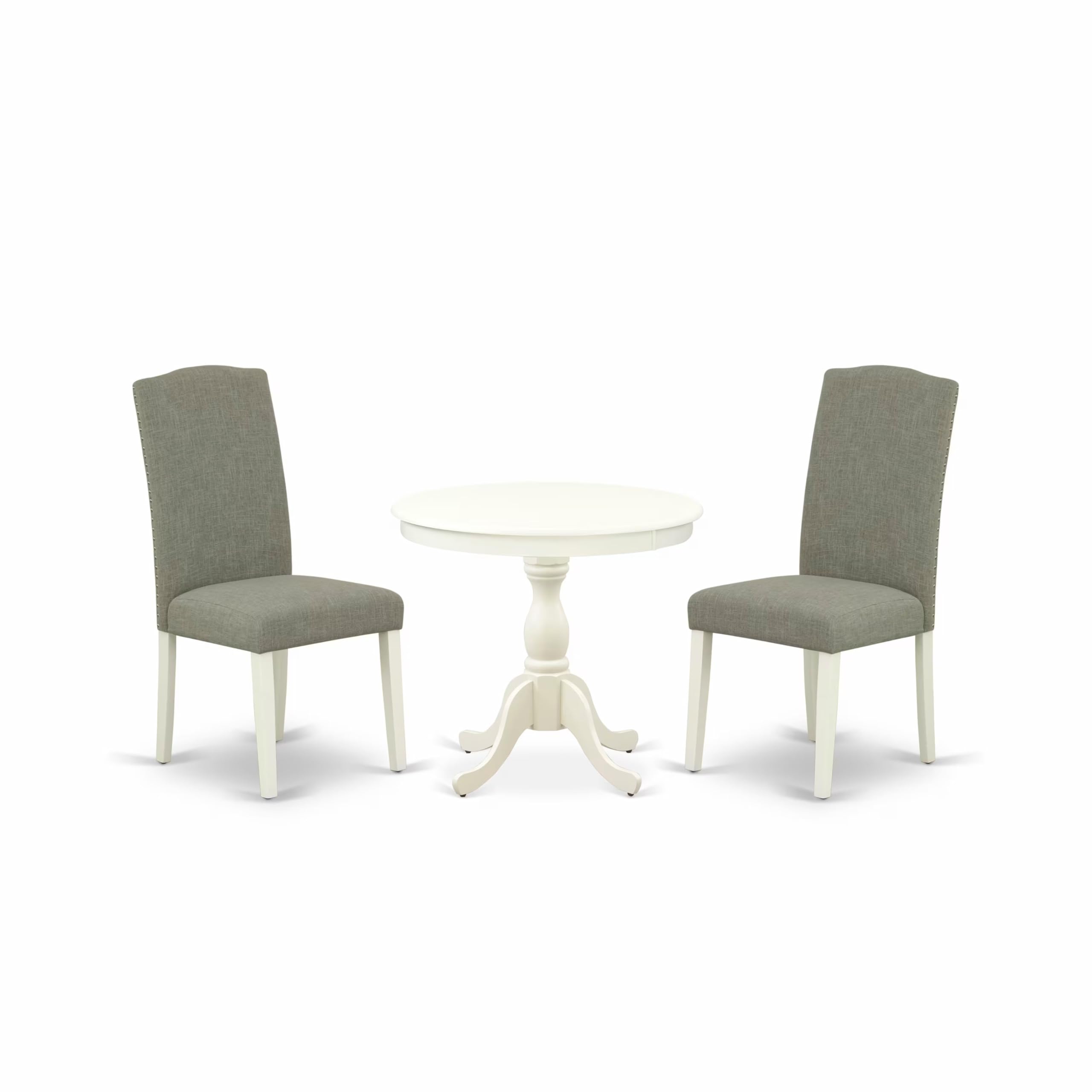 East West Furniture AMEN3-LWH-06 3 Piece Dining Set Contains a Round Kitchen Table with Pedestal and 2 Dark Shitake Linen Fabric Parsons Dining Chairs, 36x36 Inch, Linen White