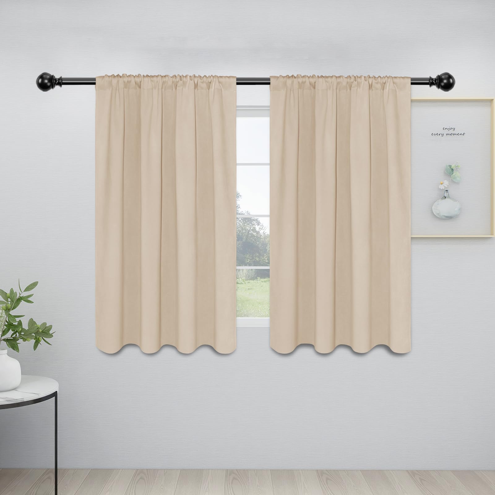 Easy-Going Rod Pocket Blackout Curtains For Bedroom, Room Darkening Window Curtains For Living Room, Thermal Insulated Noise Reduction Solid Window Drapes, 2 Panels(34X45 In, Beige)