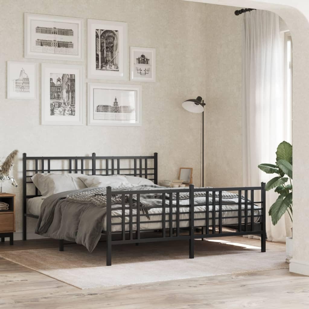 vidaXL Metal Double Bed Frame - Black Steel with Headboard/Footboard, 59.1x78.7 Mattress Compatible, Under-Bed Storage, Bedroom Furniture