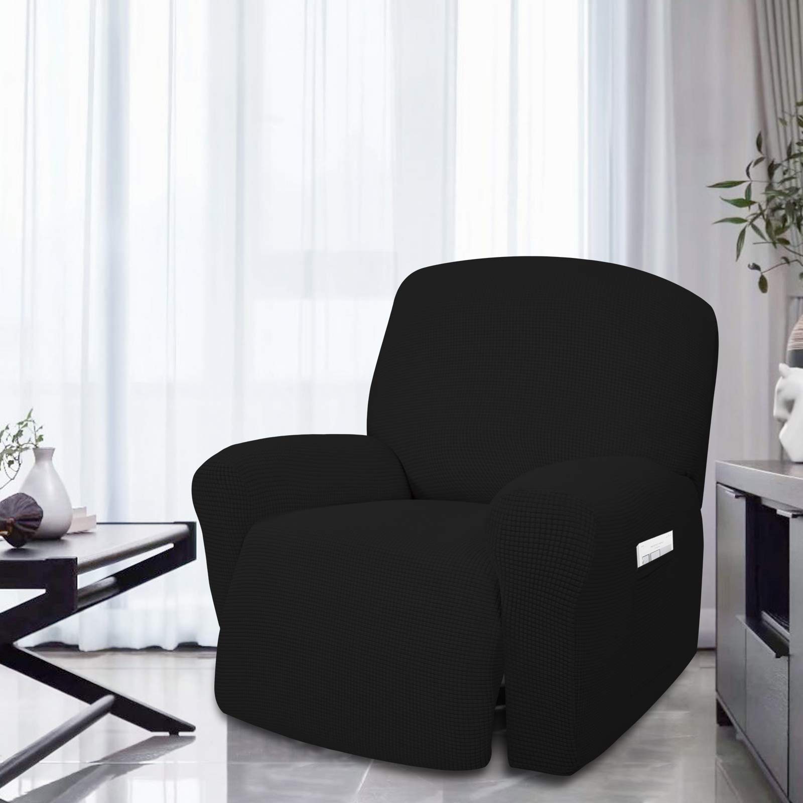 Easy-Going 4 Pieces Oversized Recliner Stretch Sofa Slipcover Sofa Cover Furniture Protector Couch Soft With Elastic Bottom Polyester Spandex Jacquard Fabric Small Checks Black X-Large