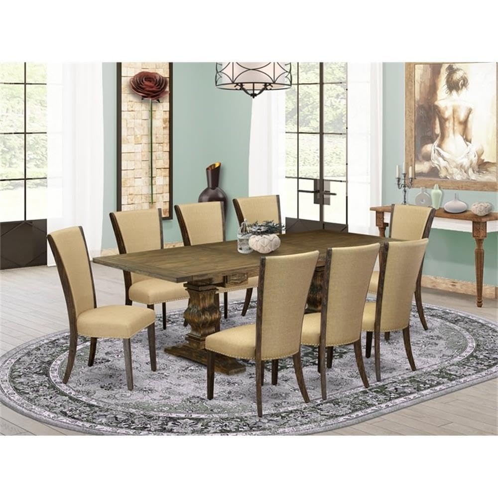 East West Furniture Lave9-77-03 9 Piece Dining Table Set Includes A Rectangle Dining Room Table With Butterfly Leaf And 8 Brown Linen Fabric Upholstered Chairs, 42X92 Inch, Jacobean