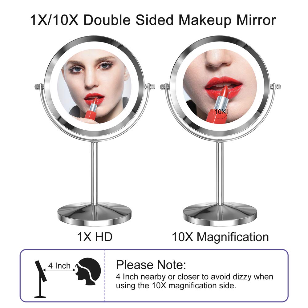 Gospire Led Makeup Mirror 1X/10X Magnifying With Touch Screen Adjustable Led Light, 7' Lighted Vanity Swivel Mirror Double Side