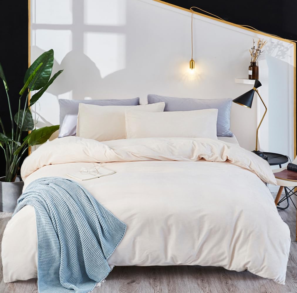 Houseri White Velvet Comforter Set Full Fluffy Plain White Sherpa Bedding Comforter Full Size Teen Boys Girls Solid White Flanne