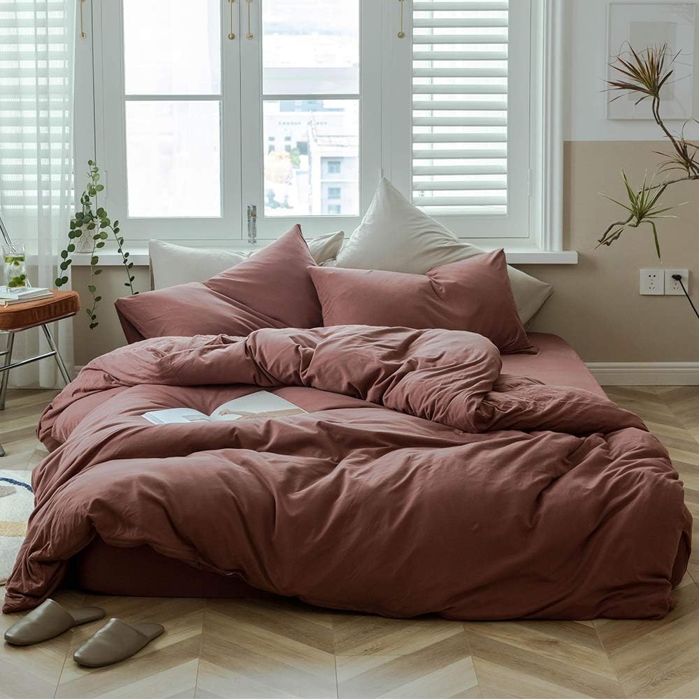 Amwan Duvet Cover Set, Queen, Brick Red, Jersey Knit Cotton, 100% Cotton, 3 Pieces, Modern Style, Bed Linen