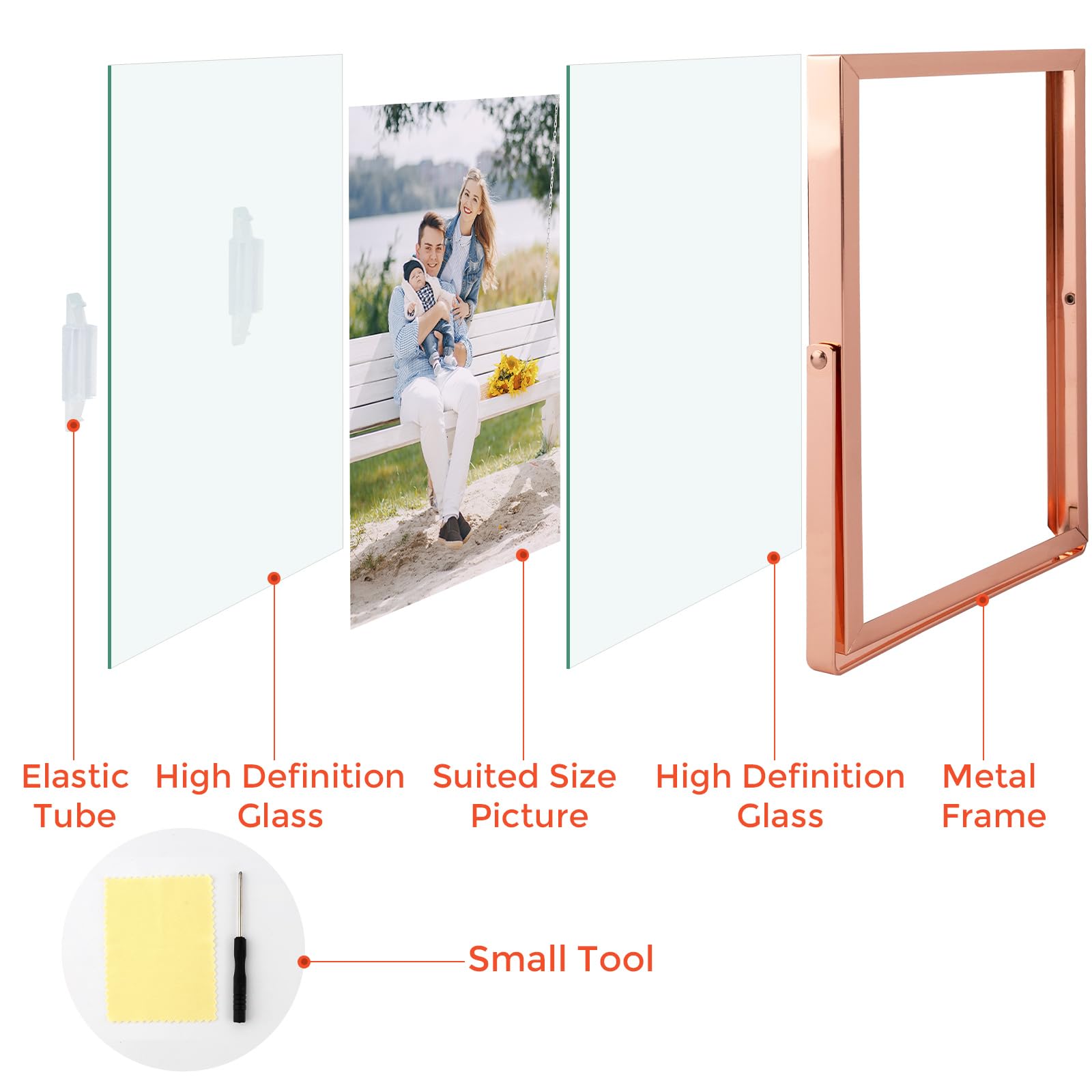 Golden State Art, Rose Gold 5X7 Frame For 4X6 Photo - Floating Frame For 4 X 6 Or Smaller Photos - Metal Frame And Real Glass, E
