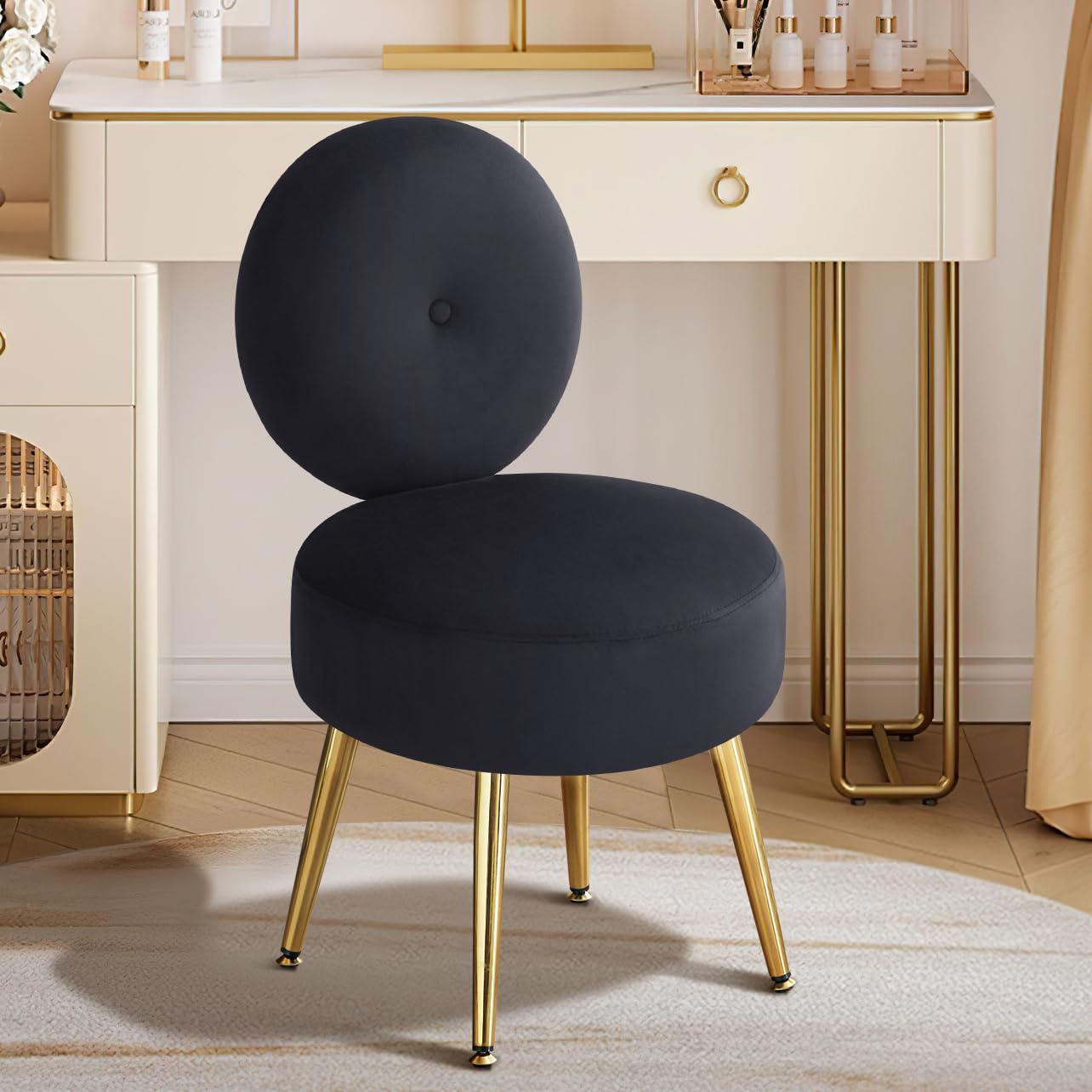 Furnimart Black Vanity Stool Chair With Back, Cute Small Accent Chair Round Makeup Chair With Gold Legs For Vanity Bedroom Bathr