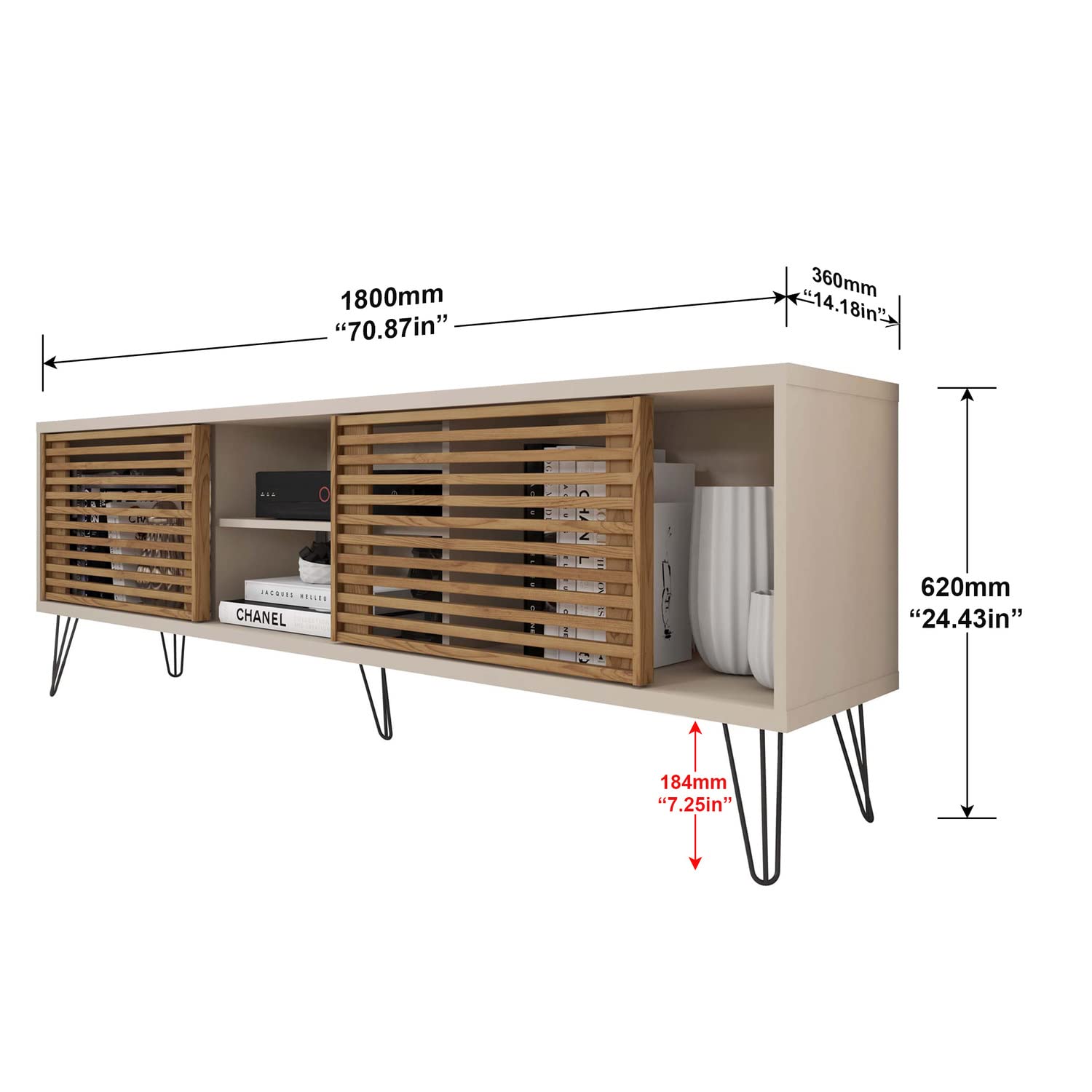 Better Home Products Frizz Mid-Century Modern TV Stand for up to 70 Inches TV in Off White and Natural Oak (Buriti) / Easy Assembly