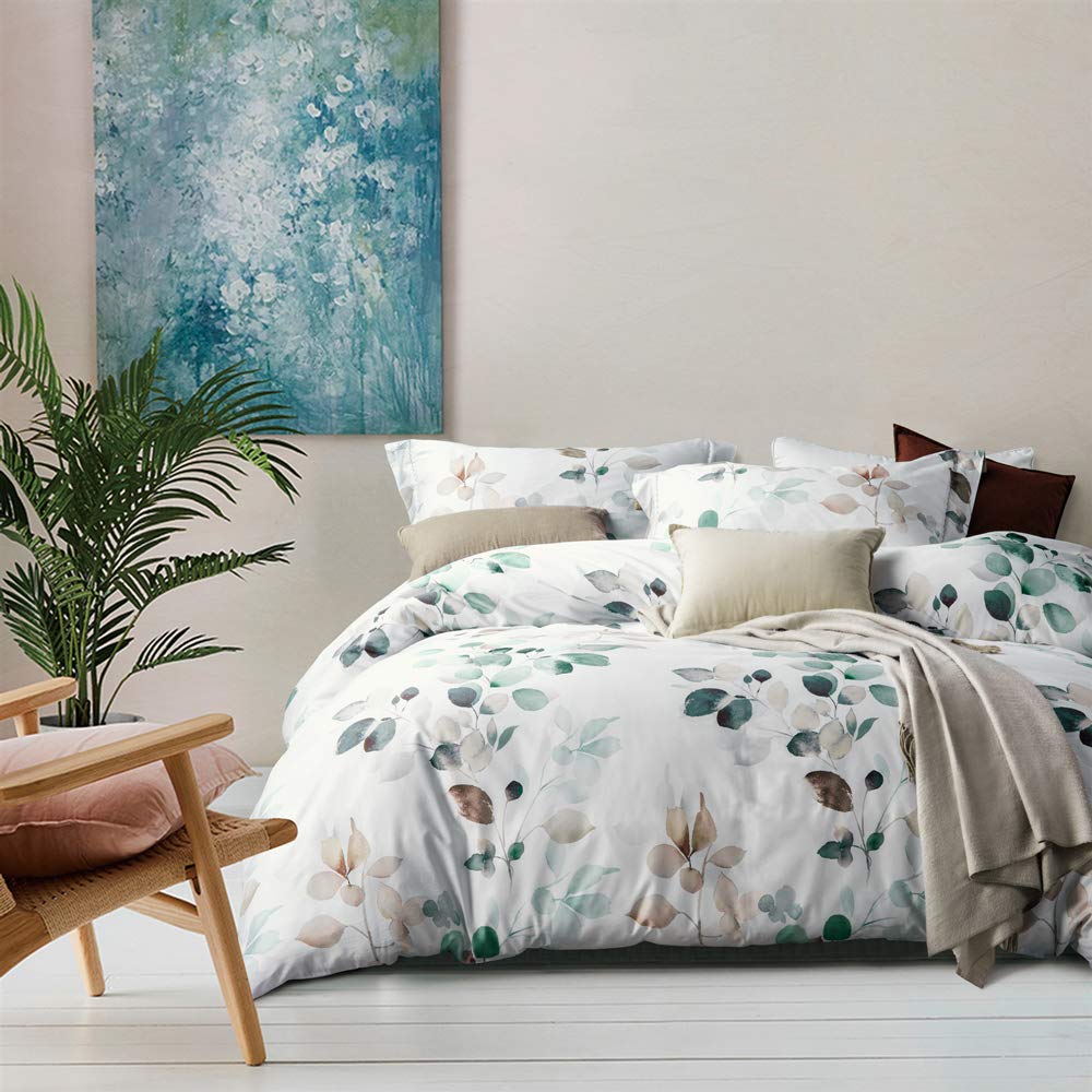 Mildly 100% Long-Staple Cotton Duvet Cover Set, Gradient Teal Leaves Pattern Bedding Set 3Pcs, Ultra Soft Breathable Chic Comfor