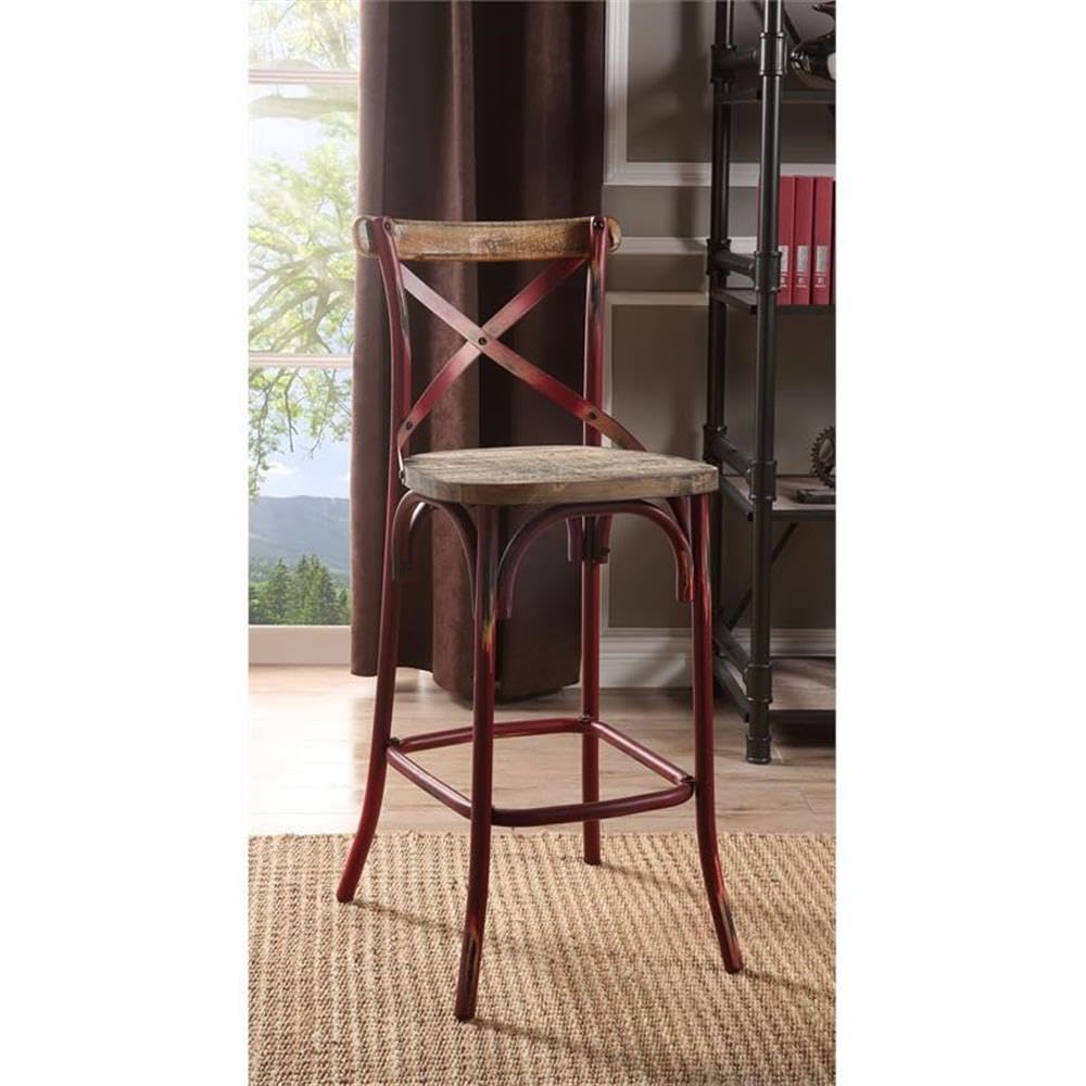 Acme Zaire Armless Bar Stool with Wooden Seat in Antique Red and Antique Oak