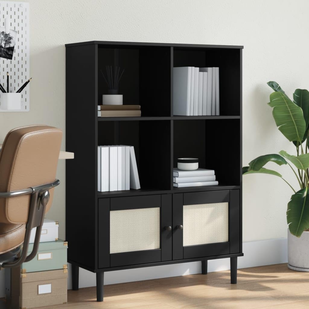 vidaXL SENJA Solid Pine Wood Bookcase - Black, Rattan Look Surface, Ample Storage Space, Handcrafted, Versatile for Office, Living Room, Bedroom