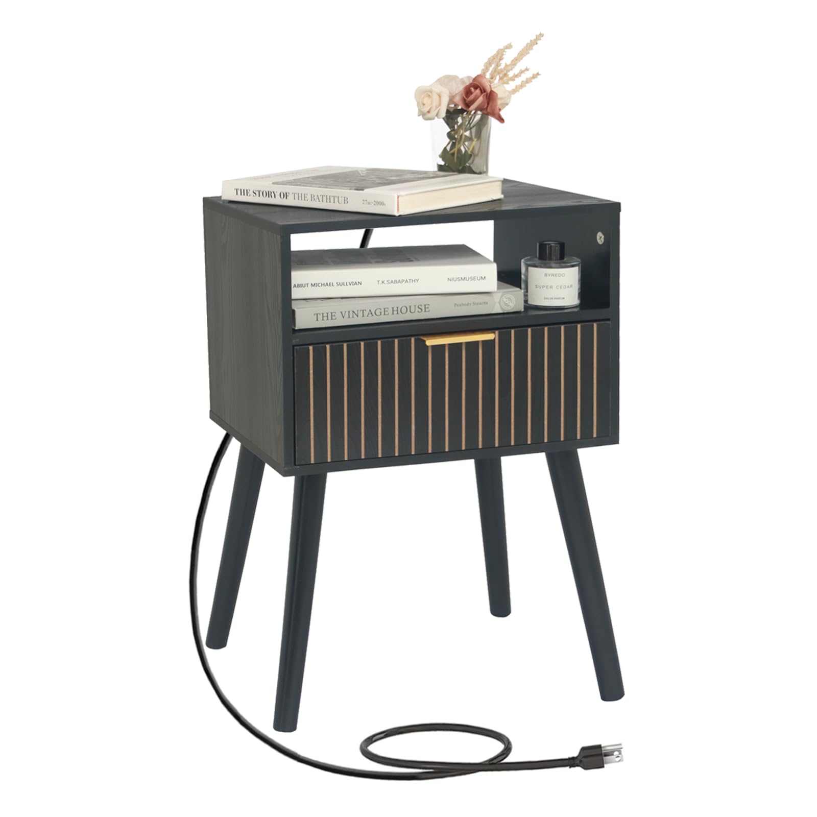 Black Nightstand With Charging Station, Mid Century Modern Bedside Table With Open Shelf And Storage Drawer, End Table With Solid Wood Legs, Black