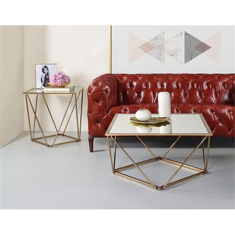 Acme Fogya Square Glass Top End Table In Mirrored And Champagne Gold