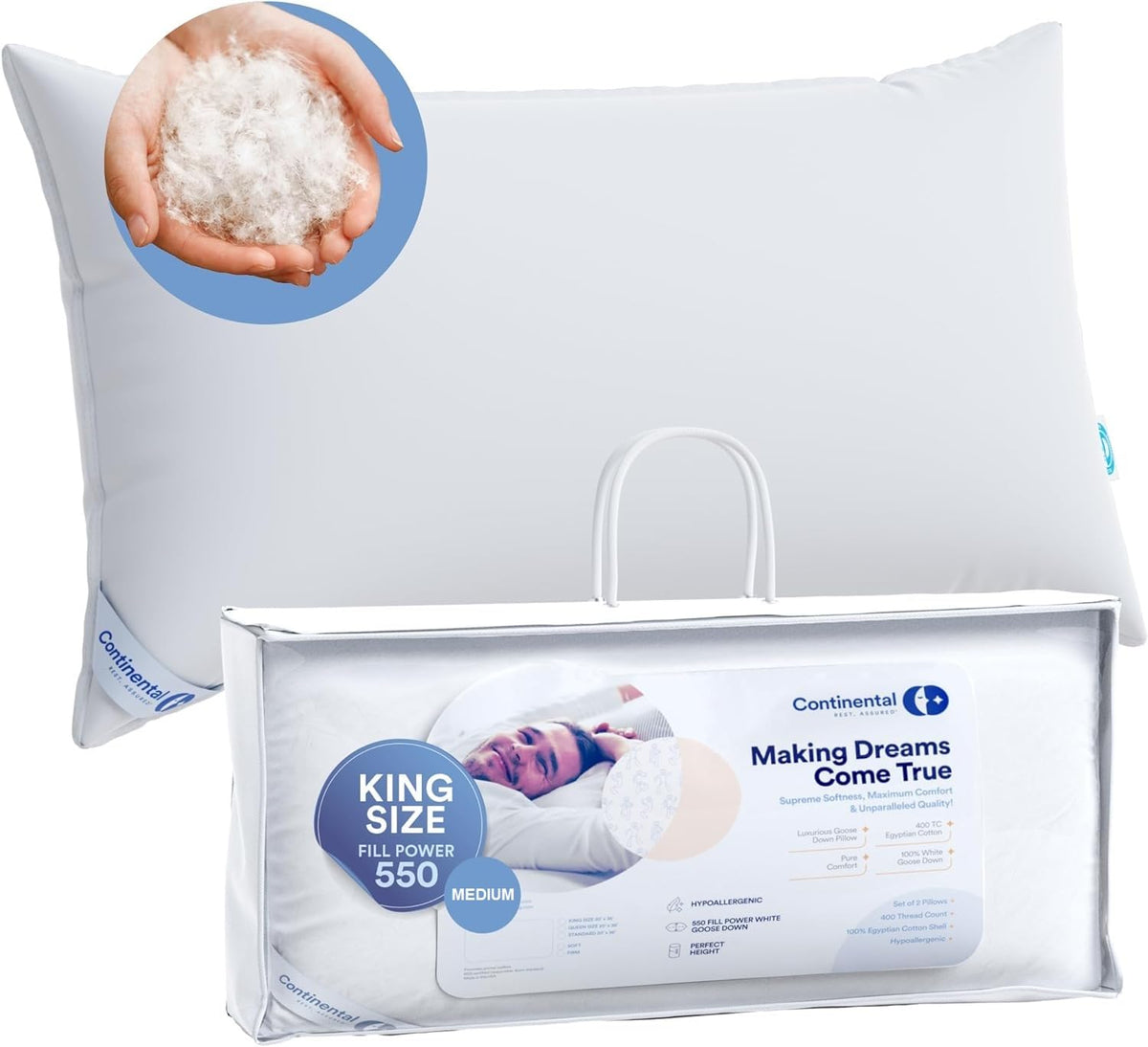 Continental Bedding 100% Luxury Down Pillows King Size Pack Of 1 - Family Made In New York - Breathable Bed Pillows For Sleeping