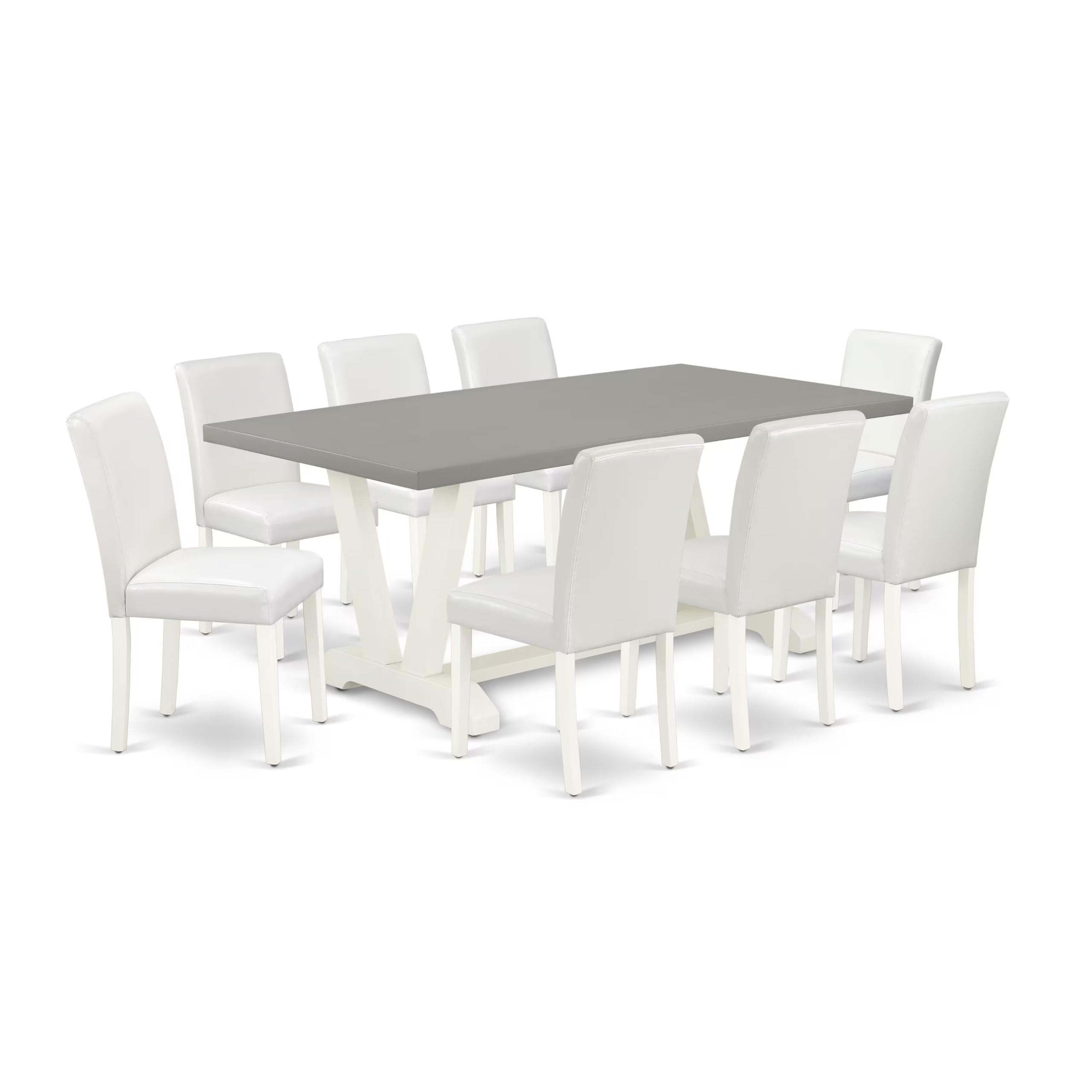 East West Furniture V097Ab264-9 9 Piece Modern Dining Table Set Includes A Rectangle Dining Room Table With V-Legs And 8 White Faux Leather Parsons Chairs, 40X72 Inch, Multi-Color