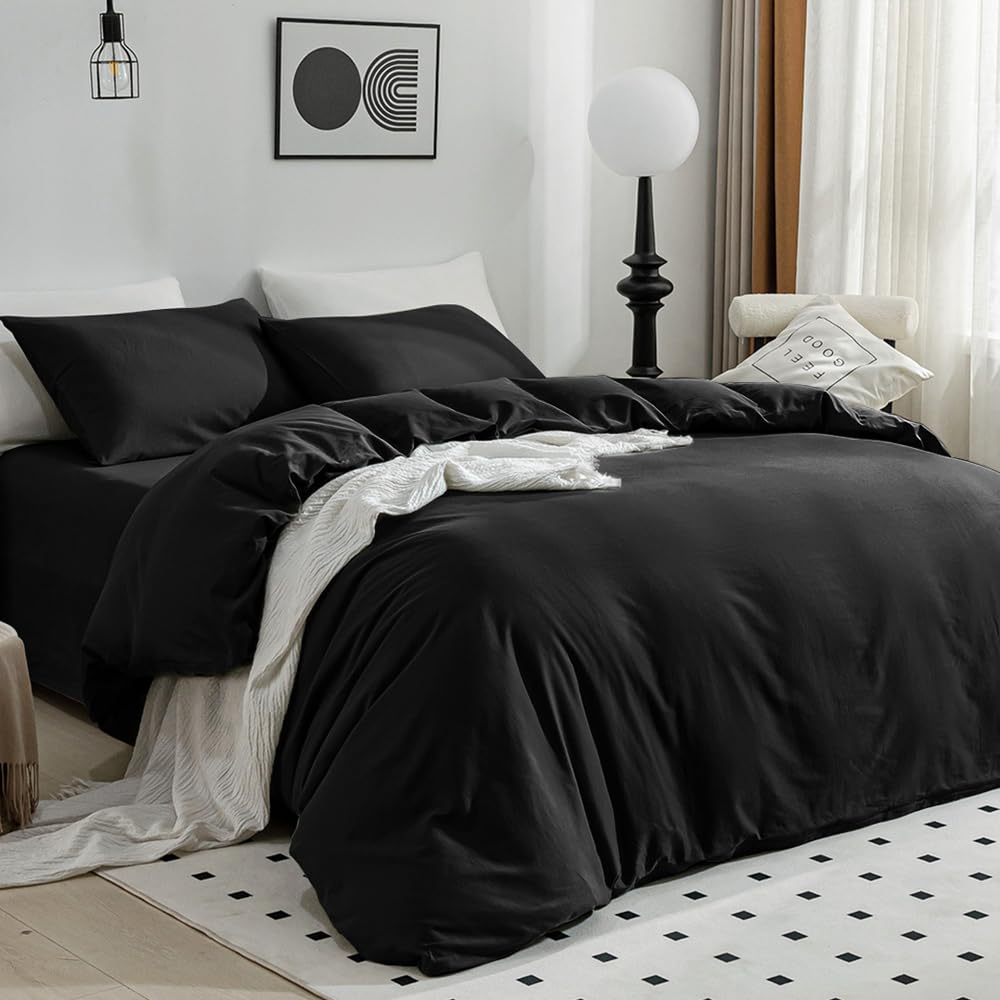 Jellymoni Cotton Duvet Cover California King - 100% Washed Cotton Linen Like Textured Comforter Cover, 3 Pieces Soft Bedding Set