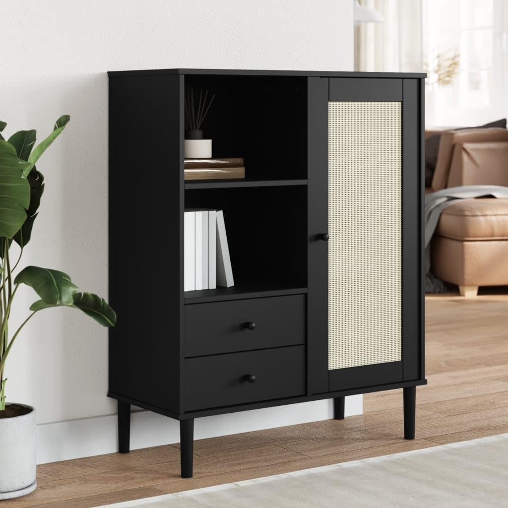 vidaXL Highboard Storage Cabinet - Wood with Black Finish, Rattan Surface, Ample Drawers and Compartments, Chic Modern Style