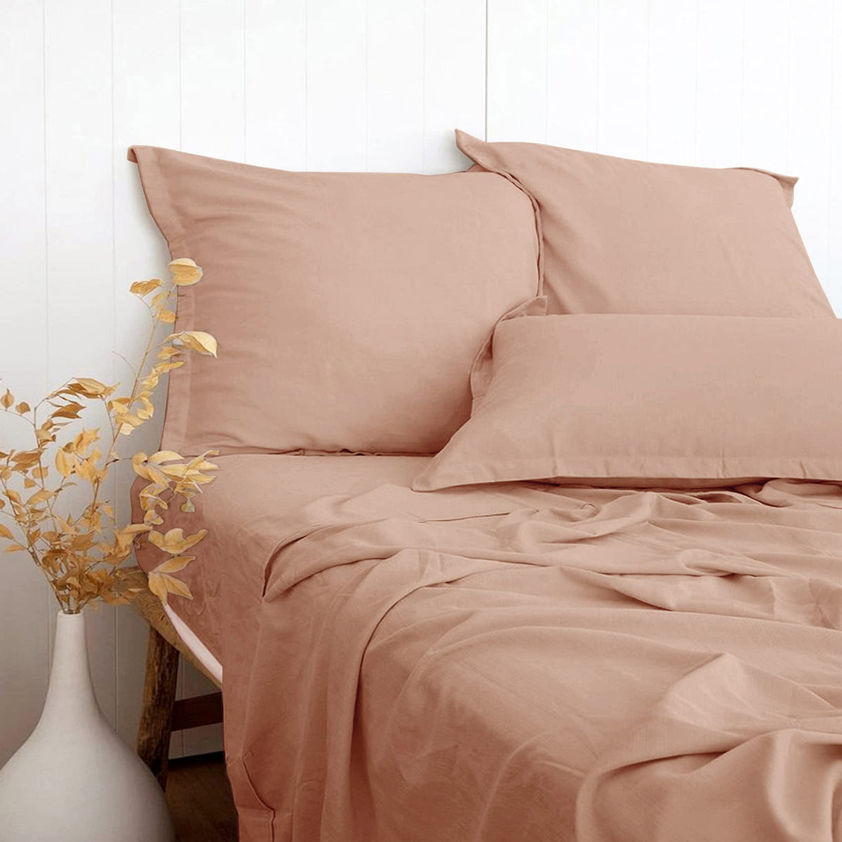 Dusty Pink Linen-Textured Bed Sheets Set, Bamboo Rayon , Cotton , Linen Blend Bed Sheets Queen Size, Soft Cool & Breathable For