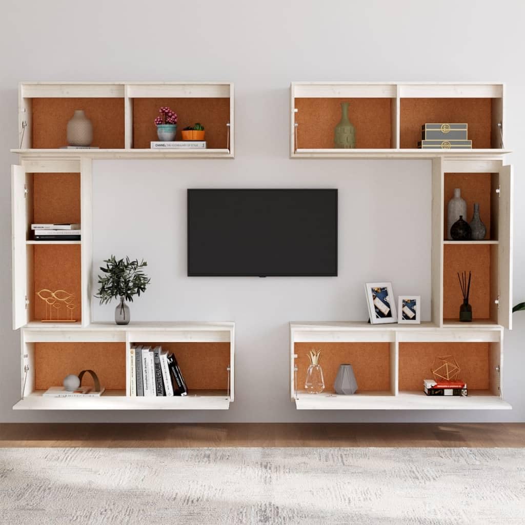 vidaXL White TV Cabinets Set of 6, Wall Units Made of Solid Pinewood, Floating Hanging Shelves for Displaying Books & Ornaments, Easy to Clean & Assemble