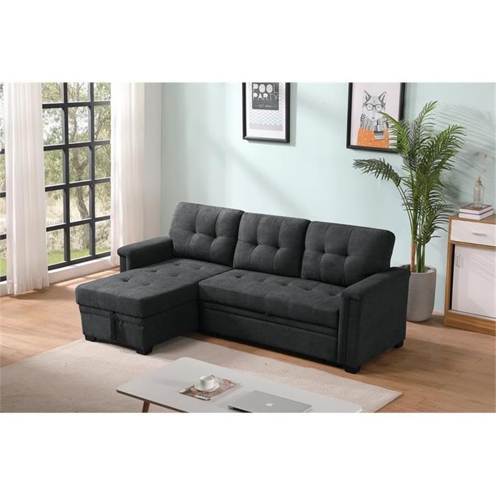 Lilola Home Kinsley Dark Gray Woven Fabric Sleeper Sectional Sofa Chaise with USB Charger and Tablet Pocket