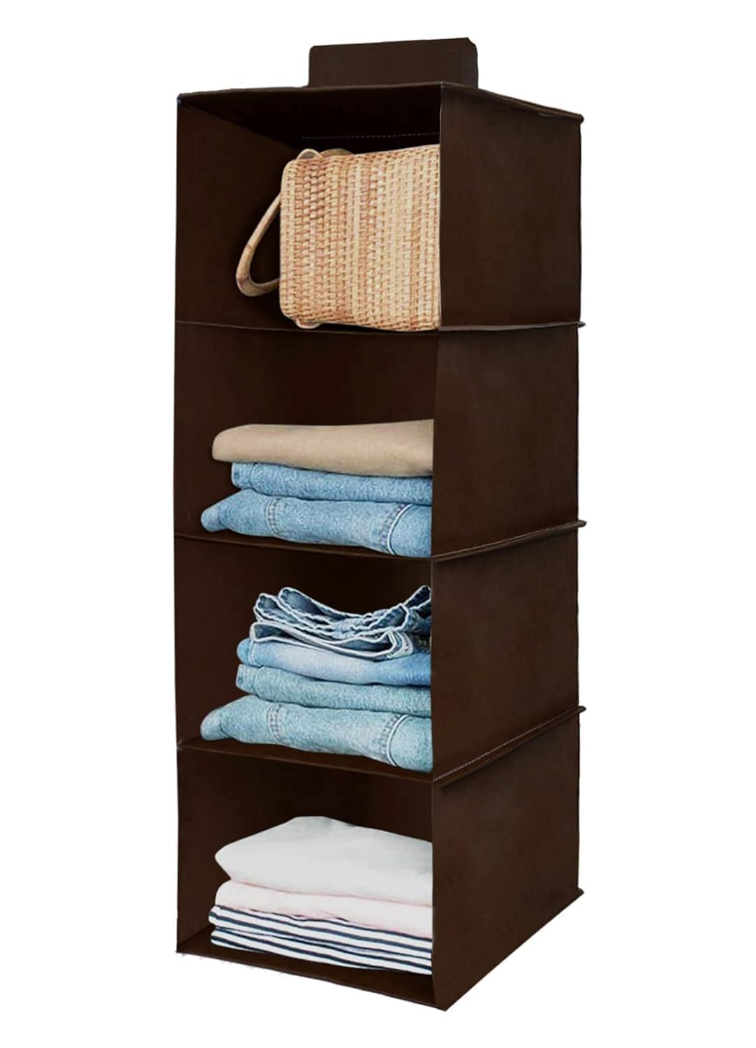 4Shelf Hanging Closet Organiser, Brown Storage Unit For Clothes And Accessories