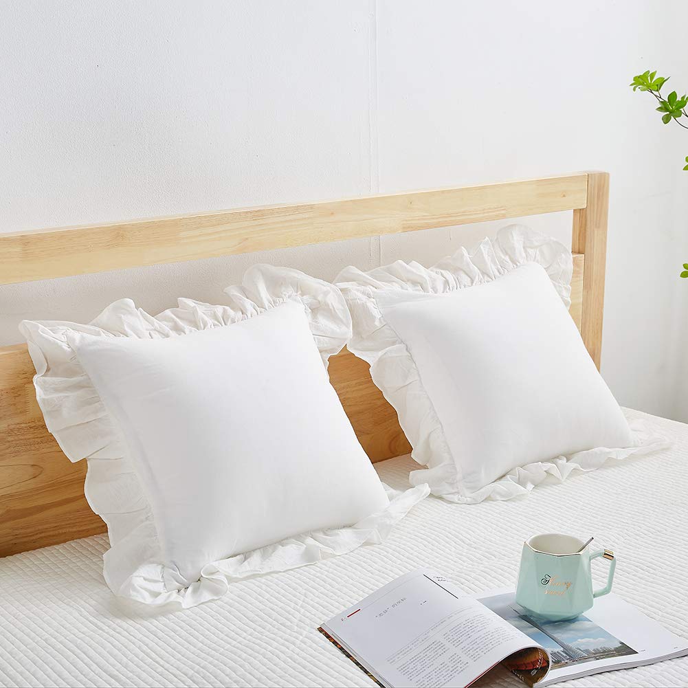 Mywinlle Vintage Off White Ruffle Euro Shams Shabby Farmhouse Pillow Cover 100% Washed Cotton Pillowcases Set Of 2-26''X26''