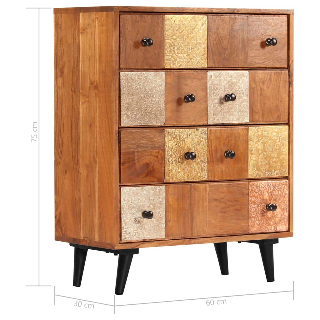 vidaXL Honey Finished Solid Acacia Wood 4-Drawer Chest - Vintage Charm Decorative Metal Details, Versatile Use, Unique Wood Grains, Safety Wall Attachment Included